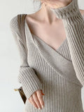 Korean Style Sexy Knitted Bodycon Dress Women Autumn Winter 2023 Streetwear Slim V-neck Long Sleeve Sweater Long