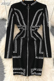 Women Black Beading Zipper Bodycon Dress Elegant Stand Collar Long Sleeve High Waist Sheath Mini Vestidos Female New