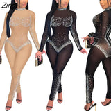 Women Jumpsuit Sheer Mesh Diamond Print Party Night Clubwear Slim Long Romper Women Jumpsuit
