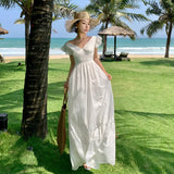 Zingj Sense White Hollow-Out Embroidery V Neck High Waist Show Thin Back Dress Sanya Beach Holiday Beach