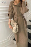 Winter Women Knitted Long Dress Turtleneck Sweater Dresses Loose Long Sleeve Elegant Office Ladies