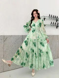 Dress Women 2025 New High-End Sense V-Neck Pearl Buckle Lantern Sleeves Wide Swing Print Long