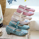 Zingj Heel Thick Heel Single Shoes Embroidered Cloth Shoes Fairy Crane Embroidery Ancient Style Dance Shoes Women's