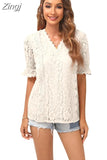 Hollow Out Lace Blouse Shirts Women Summer 2023 V Neck Short Flare Sleeve Blouse Ladies Top Solid Sexy Boho Blusas