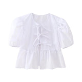 Sweet Gentle Wind Pure Color Lace Design Shirt Fashion Niche Bubble Short Sleeve Temperament Women's