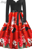 Women Winter Long Sleeve Vintage Christmas Dress Black Red Print V Neck Sexy Xmas Party Dress Robe 3XL Elegant