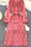 Autumn Red/Yellow/Purple/Blue Hollow Out Embroidered Long Dress Women Vintage V-Neck Puff Sleeve Party Maxi Vestidos