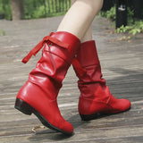 And Winter Large-Size Student Knight Boots Low With Round Head Tied With Warm Mid-Sleet Boots