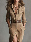 Autumn And Winter 2025 Autumn And Winter Velvet Temperament Buckle Shirt Collar Long Dress With