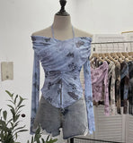 Shot Shoulder Strap Hanging Neck Pure Lust Wind Long-Sleeved T-Shirt Repair Cross-Folded Open Fork Short Top