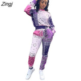 Bandana Print Two 2 Piece Set Women Fitness Sweatsuit Pullover Sweatshirt + Jogger Pants Set Tracksuit Vintage