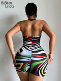 Colorful Print Halter Rompers Women 2023 Summer Sleeveless Backless Skinny Stretch Sporty Playsuits Female