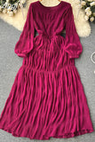 Autumn Women Draped Chiffin Dress Femael Vintage Round Neck Puff Long Sleeve High Waist A-Line Loose Pleated Robe