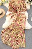 Pink/Blue Floral Print Chiffon 2pcs Set Women Summer Bandage Short Tops + High Waist Mermaid Skirt Female Sets 2023