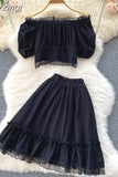 Women Hollow Out Lace Two Piece Set Orange/Purple/White Slash Neck Puff Sleeve Tops + High Waist Ruffle Skirt Beach