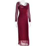 Burgundy Sheer Long Sleeve Bodycon Maxi Dress- Outfit