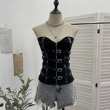 Style Splicing Pu Leather Buckle Zipper Open Shirt Braid Repair Vest Sleeveless Top Lady