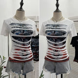Rock Gothic 2025 Summer Dress Hole Design Feel Short-Sleeved Printed T-Shirt