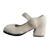 Autumn And Winter New Mink Hair And Velvet Mary Jane High Heels Round Head Thick Heel Simple Lamb Wool Shoes Middle