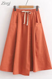 Women Skirt Summer Korean Style Solid Elastic High Waist Midi Long Skirt With Belt Female Office Ladies
