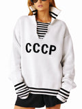 New Fashion Collar Hollow Knitted Shirt Women CCCP Letter Embroidery Casual Style