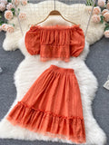 Women Hollow Out Lace Two Piece Set Orange/Purple/White Slash Neck Puff Sleeve Tops + High Waist Ruffle Skirt Beach