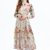 Court-Styled Dress Women's Lantern Sleeves With Belt Strap Single Buckle Design Temperament Long