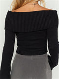 Women Slash Neck Knitted Sweaters Tops Streetwear Long Sleeve Off Shoulder Ribbed Pullovers Slim Fit Causal