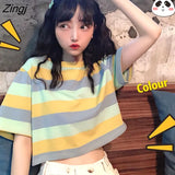 Sleeve T-shirts Women 2020 Crop Top Striped Rainbow Girlish Colorful Fashion Chic All-match Casual Womens Kawaii