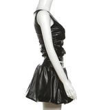 Black PU Leather Off-Shoulder And Pleated Mini Skirt Two Piece Set- Outfit