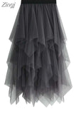 Women Sweet Midi Spring And Summer High Waist Solid Asymmetrical Elegant Chic White Mesh Tulle Skirts
