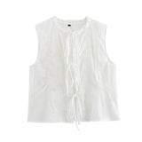 Spring New Bow Trim With Sleeveless Embroidered Top