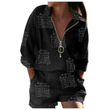 Women's New Spring Fashion Set Long-Sleeved Print Zipper Top Shorts Two-Piece