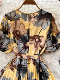 Bohemian Women Floral Print Pleated Midi Dress Elegant Round Neck Puff Sleeve High Waist A-Line Draped Beach Vestidos