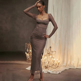 Zingj 2024 New Long-Sleeved Sling Temperament Show Back Tight Open Fork Long Dress