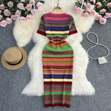 Zingj Socialite Wind Temperament Short Sleeve Rainbow Stripe Round Collar Waist Show Thin Long Knit Bag Hip Dress