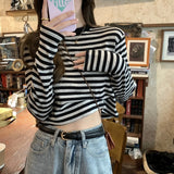 Zingj Color Striped Long-Sleeved T-Shirt Female Autumn 2024 New Casual Look Thin With A Bottom Shirt Short Student