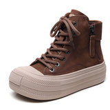 Cowhick Retro Short Boots Women 2025 Autumn And Winter New Thick Bottoms With High-Top Shoes Round Head With Leather
