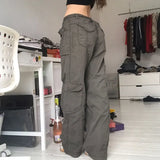 Retro Fashion Y2K Straight Cargo Pants Low Rise Jeans Streetwear Belt Pockets Denim Trousers Fairycore Female