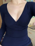 Commuting Simple Foundation Solid Color V-Neck Cross-Dressed Long-Sleeved Hottie All Oversized Waist Thin