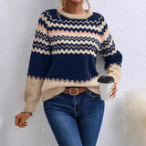 Women's Sweater Fashion Round-Neck Knitted Top Classic Striped Knitted