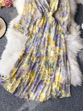 Autumn Women Floral Long Dress Vintage V-Neck Flare Sleeve Backless High Waist A-Line Big Swing Maxi Vestidos New