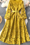 Autumn Women Hook Flower Hollow Party Long Dress Vintage Round Neck Puff Sleeve High Waist A-Line Maxi Vestidos New