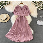 New V-Neck Short-Sleeved Dress Over Knee-Repaired Lady's Waist Tie Mid-Slap