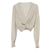 2022 Sexy Niche Cross-Kinny Wrinkles V-Neck Pad Shoulder Long Sleeve Shirt Short High-Waist Bubble Sleeve