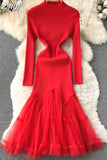 Winter Women Black/Red/Beige Mesh Patchwork Knitted Dress Vintage Long Sleeve High Waist Mermaid Vestidos Female