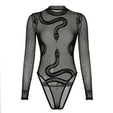 Personality Snake Print Sexy Body-Repair Perspective Basic Round-Neck Long-Sleeved Joint Jacket