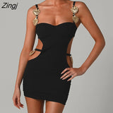 Metal Shell Spaghetti Strap Women Dress Orange Patchwork Hollow Out Maxi Dress Female Skinny Elegant Party Clubwear