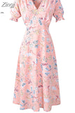 Women Summer Chiffon Midi Dress 2023 Floral Print V Neck Puff Short Sleeve A-Line Elegant Vintage Boho Beach