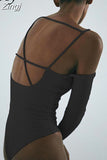 Knitted Solid Black Bodysuit for Women Fashion Elegant Long Sleeves Slash Neck Slim Stretchy Rompers Casual